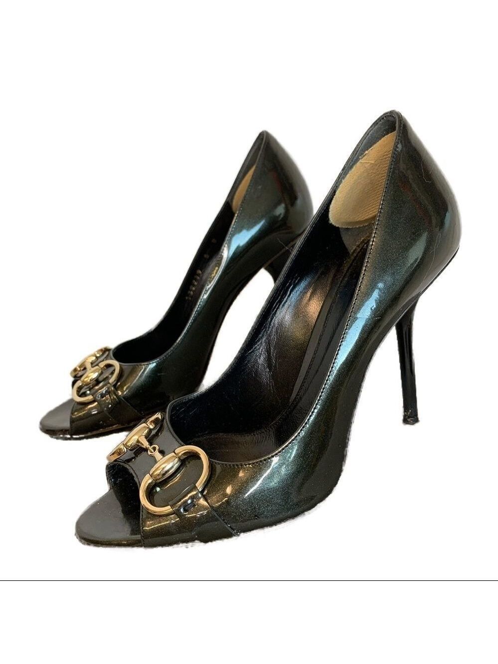 Gucci glitter patent open peep toe horsebit heels Sz 6